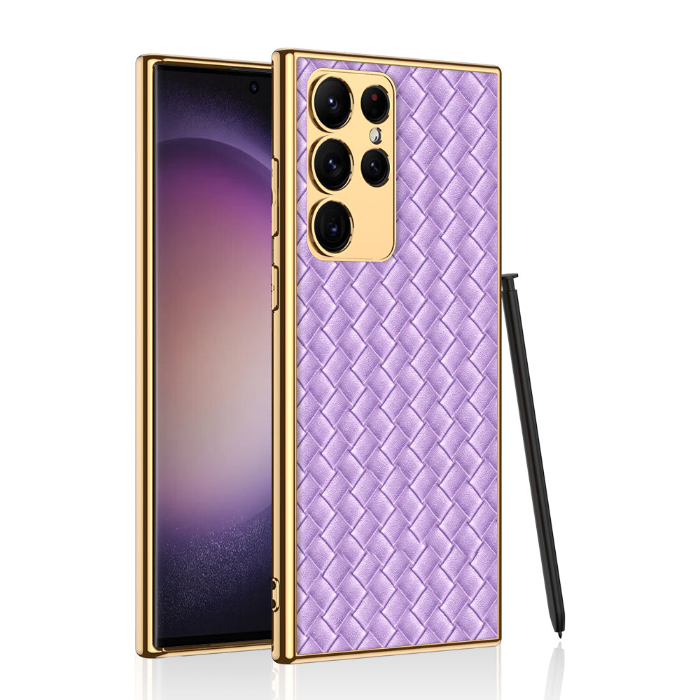 GKK pro Samsung Galaxy S23 Ultra galvanický rám Pouzdro na telefon s tkanou texturou kůží potažený TPU kryt PC GKK pro Samsung Galaxy S23 Ultra galvanický rám Pouzdro na telefon s tkanou texturou kůží potažený TPU kryt PC